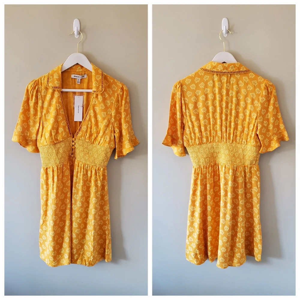 NWT Urban Outfitters S Mustard Yellow Floral Prarie Cottagecore Mini Dress - Picture 3 of 10